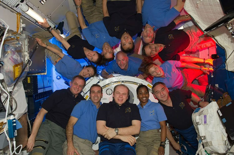 Astronauts crammed onto the International Space Station